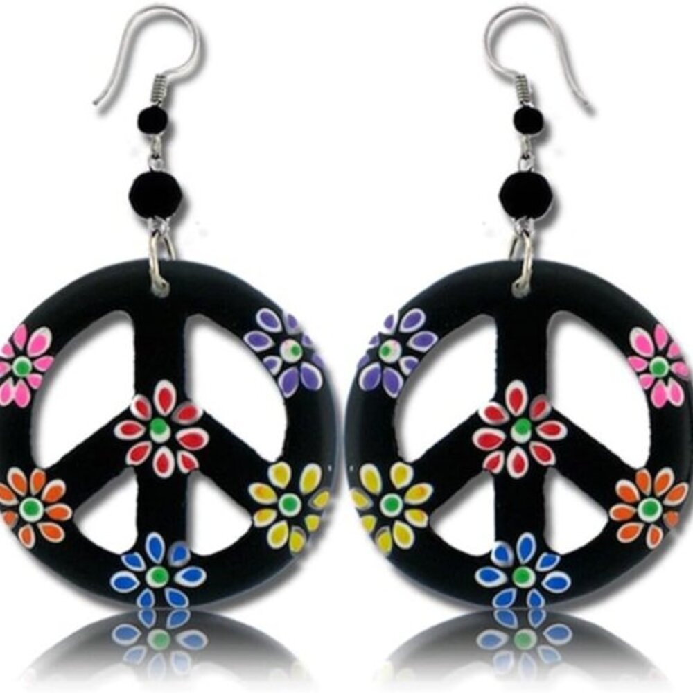 Peace Sign Dangle Earrings with Organic Wood Hippie Accessories and Costume
